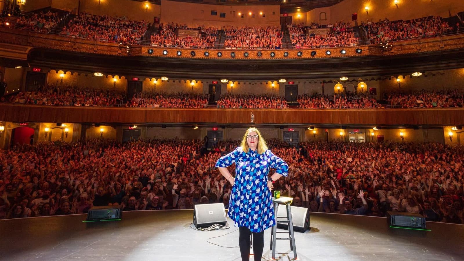 Sarah Millican taking a selfie with the packed crowd at the Beacon Theatre in New York